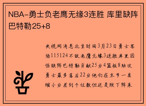 NBA-勇士负老鹰无缘3连胜 库里缺阵巴特勒25+8