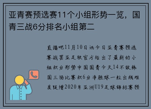 亚青赛预选赛11个小组形势一览，国青三战6分排名小组第二
